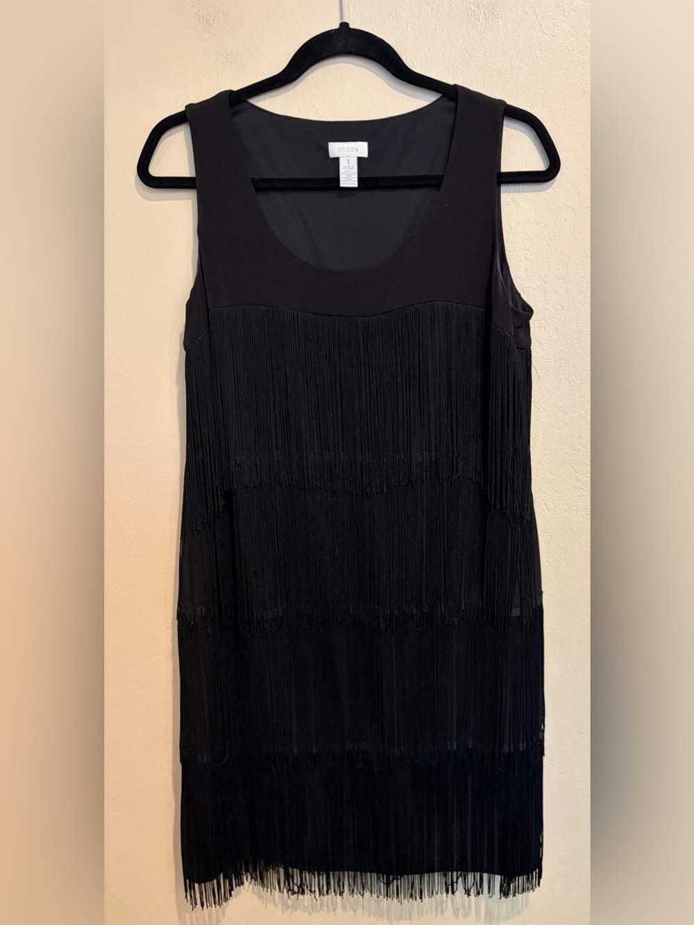 Chico's Black Felicia Flapper-esque Midi Dress, Scoop Neckline, size 8